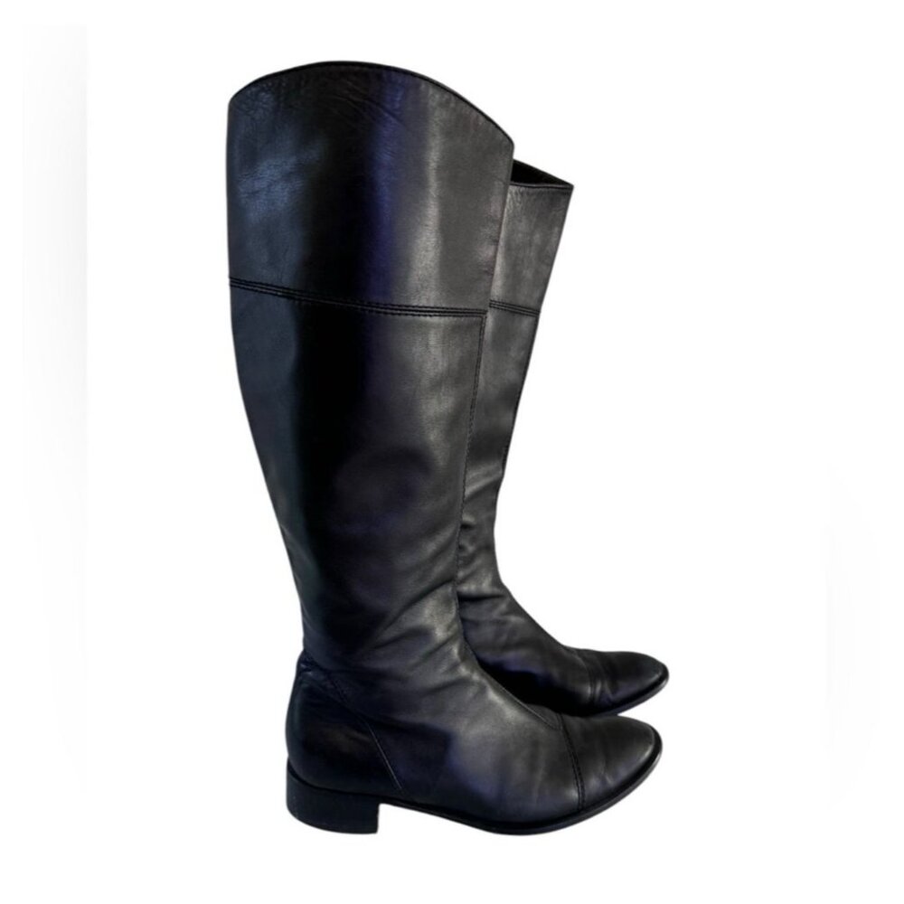 Vintage Galo Italy Womens Black Leather Knee High Riding Boots Low Heel EU 38.5